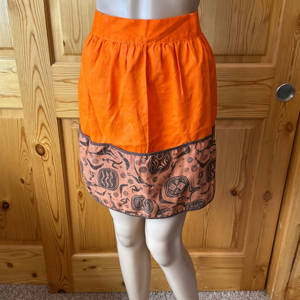 Vintage Kitchen Half Apron 3 Pockets Tribal Print Orange Brown Size S Retro